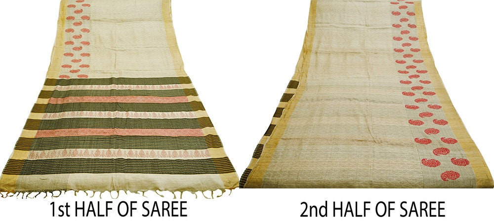 Indian Vintage Beige  Saree Pure Khadi Silk Handloom Woven Indian Sari Fabric 5yard Ethnic Wear Sari Zari Border