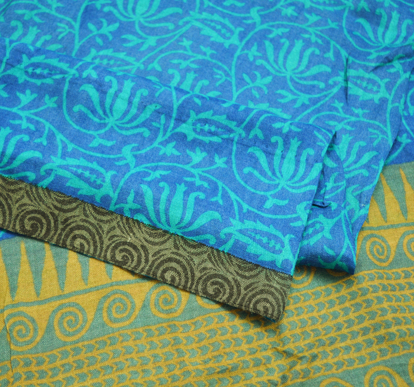 Vintage Blue Heavy Saree Pure Woolen Woven Printed Indian Sari Soft Warm Fabric 5Yard Floral Woven Border