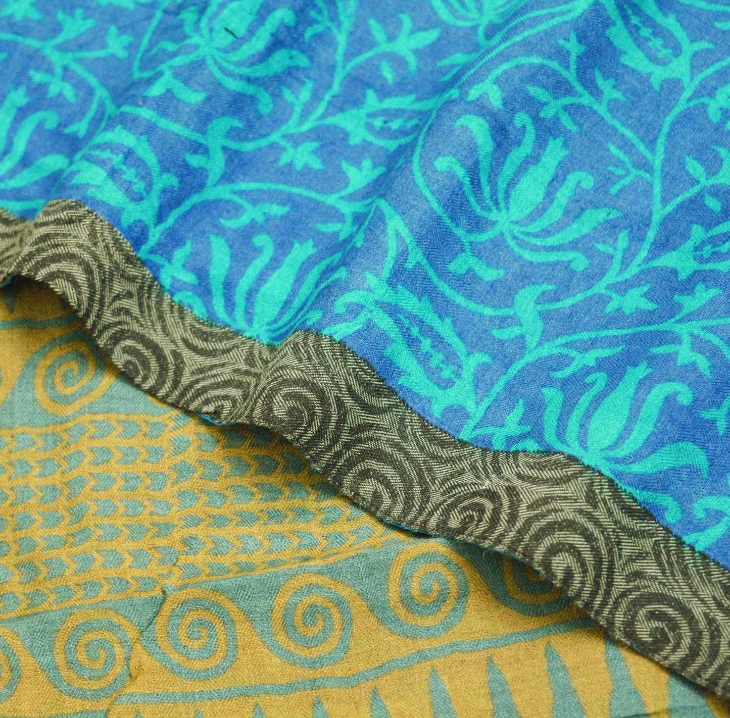 Vintage Blue Heavy Saree Pure Woolen Woven Printed Indian Sari Soft Warm Fabric 5Yard Floral Woven Border