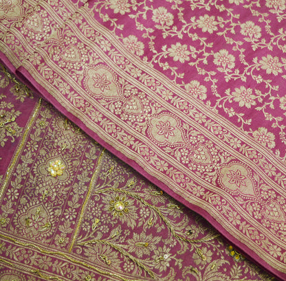 Vintage Sari Pink Heavy Wedding Pure Satin Silk Hand Embroidered Banarsi Brocade Saree Zari/Zardozi/Dabka 5Yd