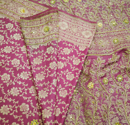 Vintage Sari Pink Heavy Wedding Pure Satin Silk Hand Embroidered Banarsi Brocade Saree Zari/Zardozi/Dabka 5Yd