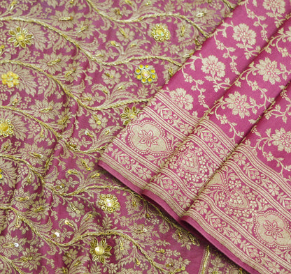 Vintage Sari Pink Heavy Wedding Pure Satin Silk Hand Embroidered Banarsi Brocade Saree Zari/Zardozi/Dabka 5Yd