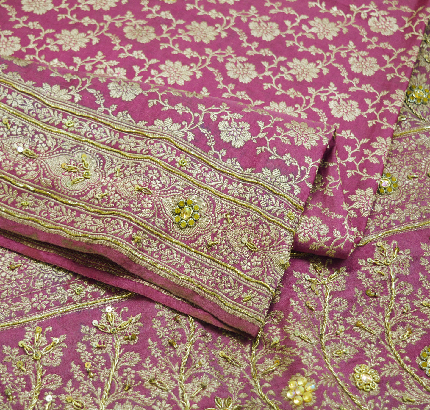 Vintage Sari Pink Heavy Wedding Pure Satin Silk Hand Embroidered Banarsi Brocade Saree Zari/Zardozi/Dabka 5Yd