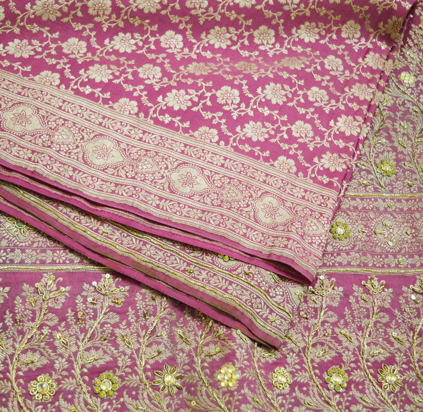 Vintage Sari Pink Heavy Wedding Pure Satin Silk Hand Embroidered Banarsi Brocade Saree Zari/Zardozi/Dabka 5Yd