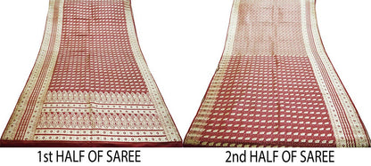 Indian Vintage Sari Maroon Heavy Wedding  Pure Satin Silk Woven Banarasi Brocade Saree Golden Zari 5Yd