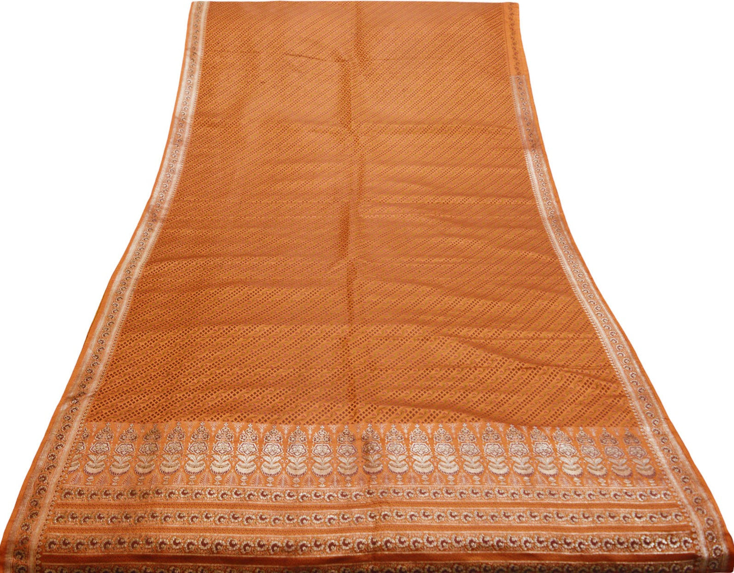 Indian Vintage Sari Orange Heavy Wedding Pure Satin Silk Woven Banarasi Brocade Saree Zari 5Yard