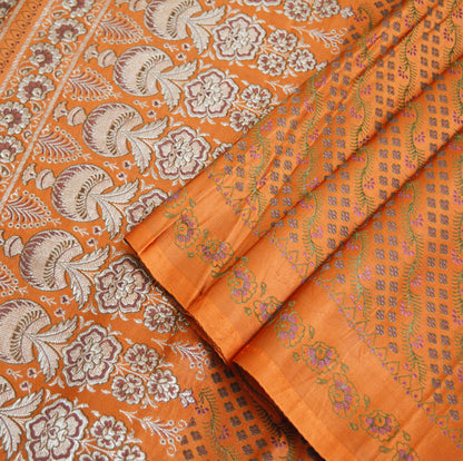 Indian Vintage Sari Orange Heavy Wedding Pure Satin Silk Woven Banarasi Brocade Saree Zari 5Yard