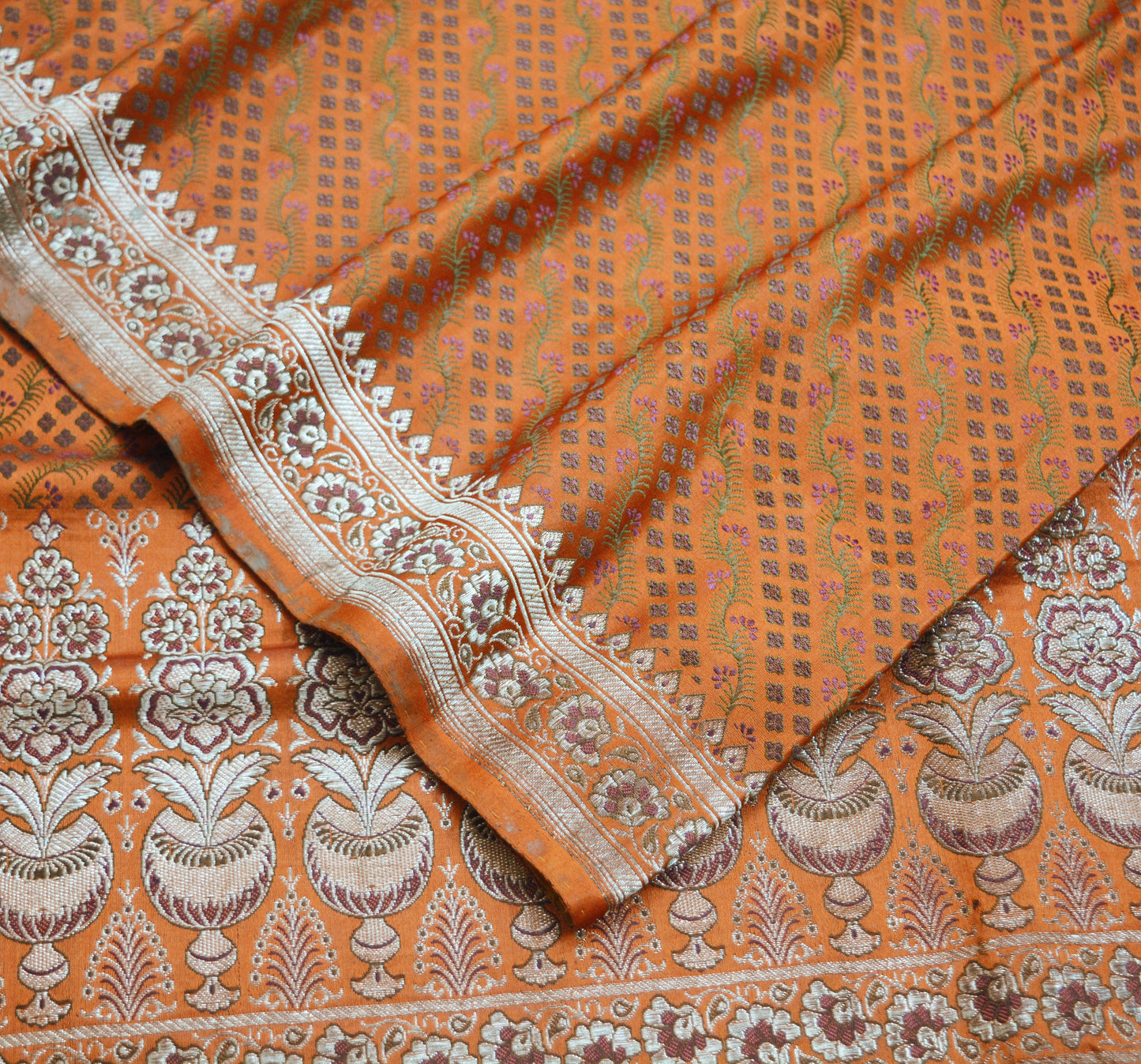 Indian Vintage Sari Orange Heavy Wedding Pure Satin Silk Woven Banarasi Brocade Saree Zari 5Yard