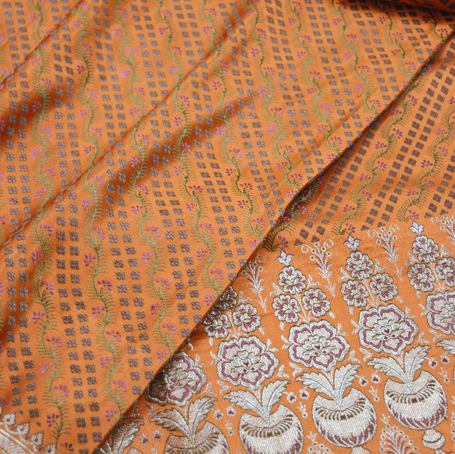 Indian Vintage Sari Orange Heavy Wedding Pure Satin Silk Woven Banarasi Brocade Saree Zari 5Yard