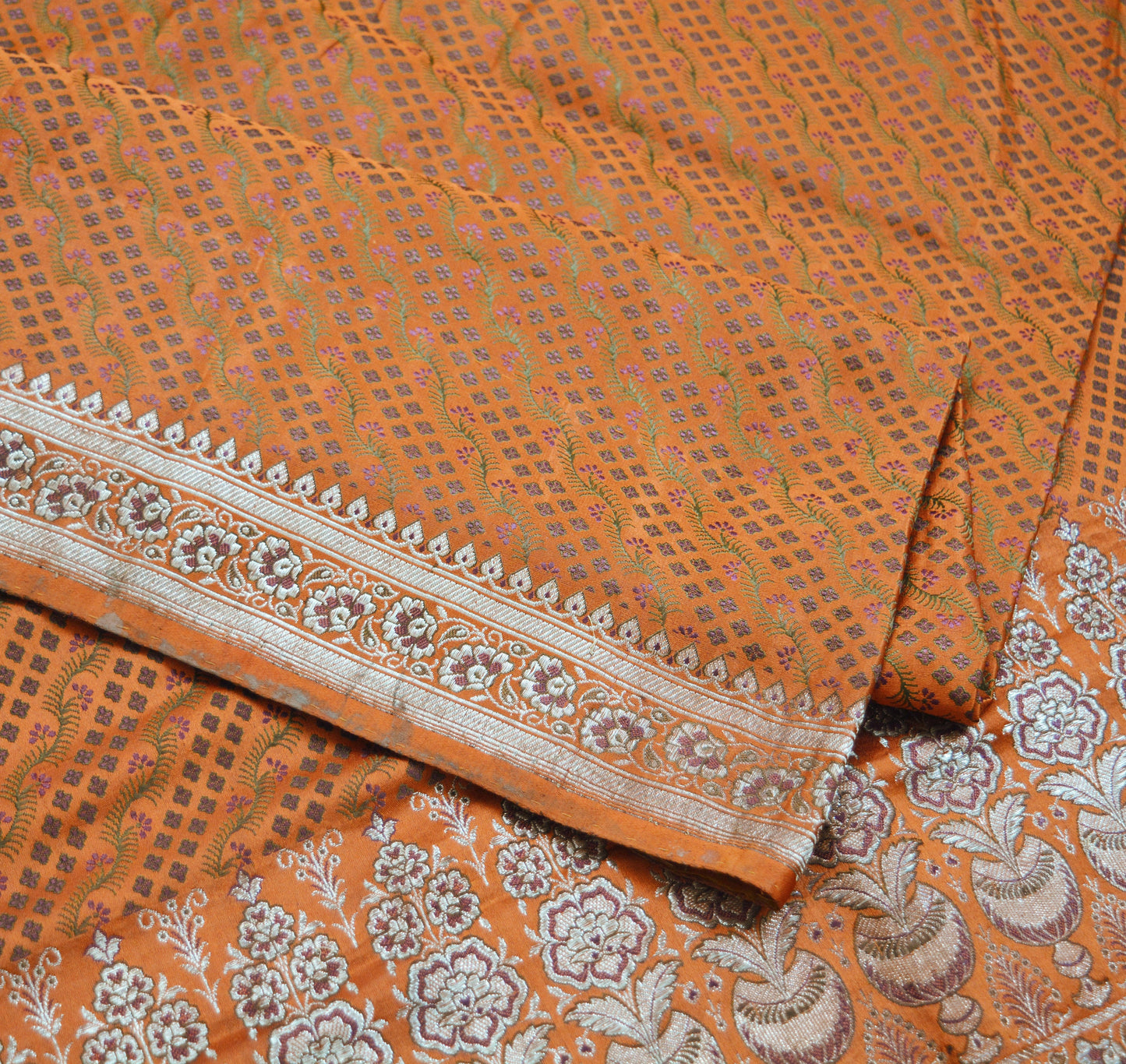 Indian Vintage Sari Orange Heavy Wedding Pure Satin Silk Woven Banarasi Brocade Saree Zari 5Yard