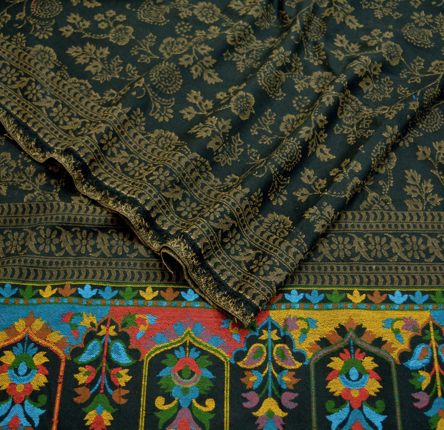 Vintage Black Viscose Shawl Handmade Woven Long Throw Stole Warm Stole Paisley Floral Design Fringes