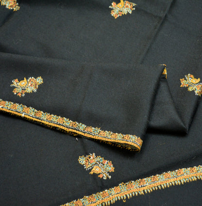 Vintage Black Pure Woolen Shawl Handmade Suzani Long Throw Stole Warm Stole Floral Design