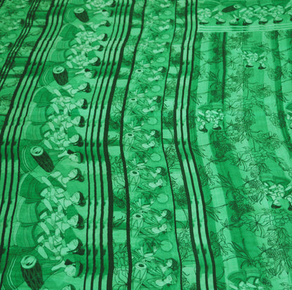Indian Vintage Sari Green Pure Silk Printed Saree Fabric 5yd Sewing Craft DressMaking  Soft Humans