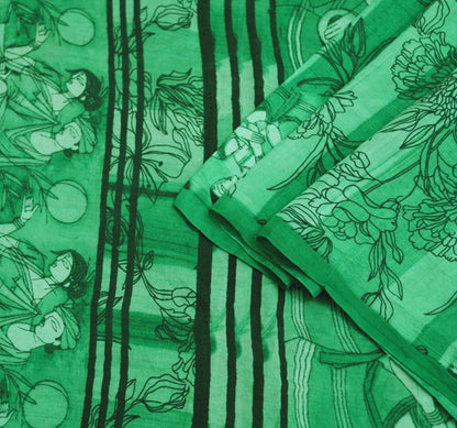 Indian Vintage Sari Green Pure Silk Printed Saree Fabric 5yd Sewing Craft DressMaking  Soft Humans