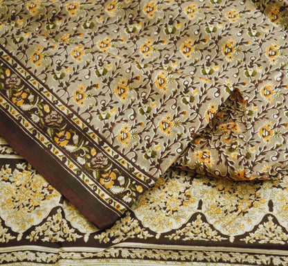 Indian Vintage Sari Brown 100% Pure Silk Printed Saree Fabric 5yard Sewing Craft Fabric DressMaking Wrap Floral