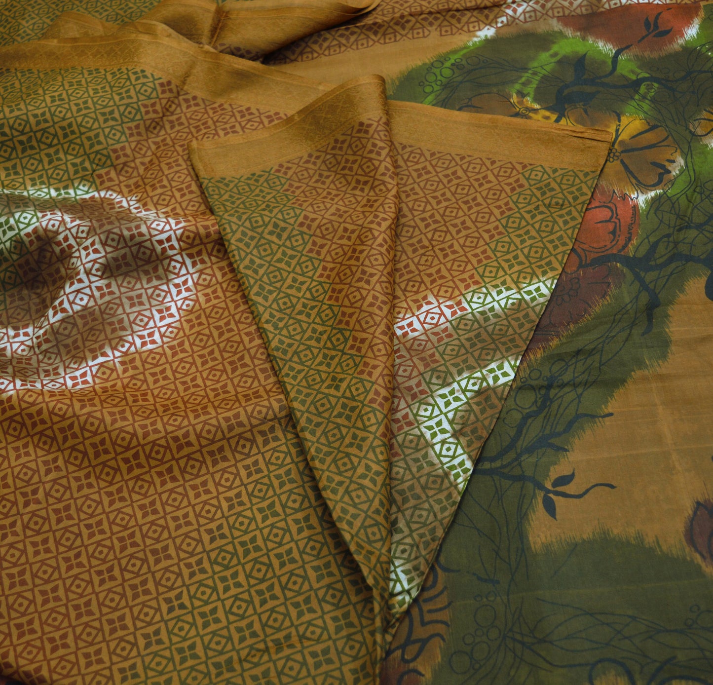 Indian Vintage Sari Green & Brown 100% Pure Silk Printed Saree Fabric 6yd Sewing Craft Fabric DressMaking Floral