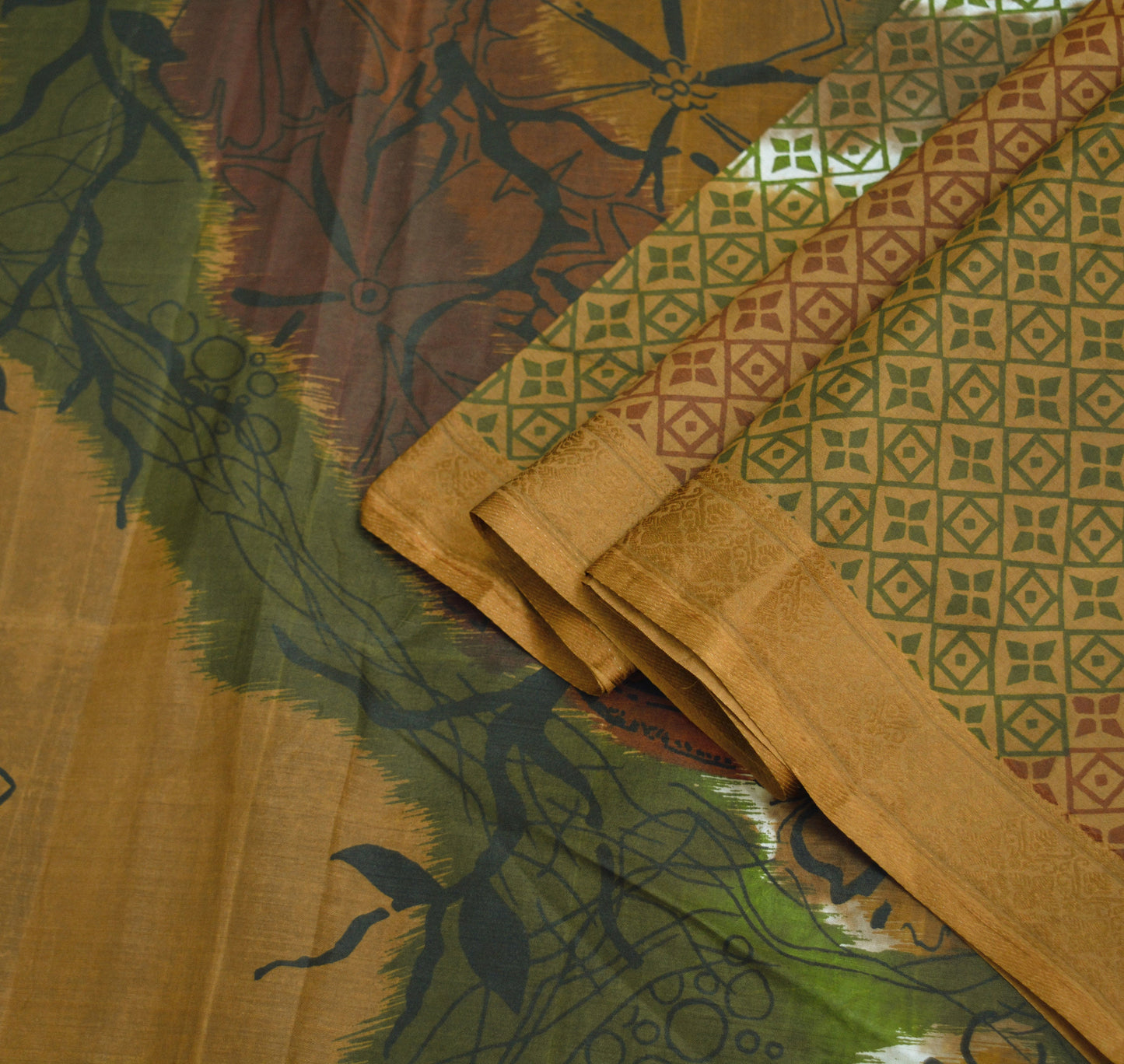 Indian Vintage Sari Green & Brown 100% Pure Silk Printed Saree Fabric 6yd Sewing Craft Fabric DressMaking Floral