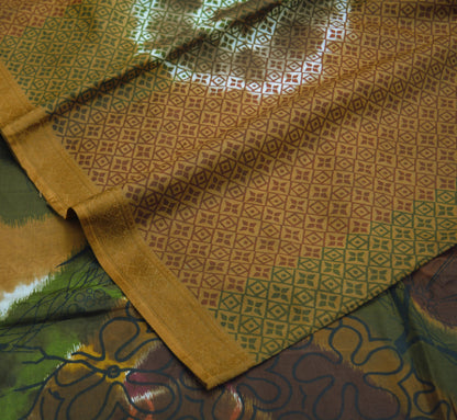 Indian Vintage Sari Green & Brown 100% Pure Silk Printed Saree Fabric 6yd Sewing Craft Fabric DressMaking Floral