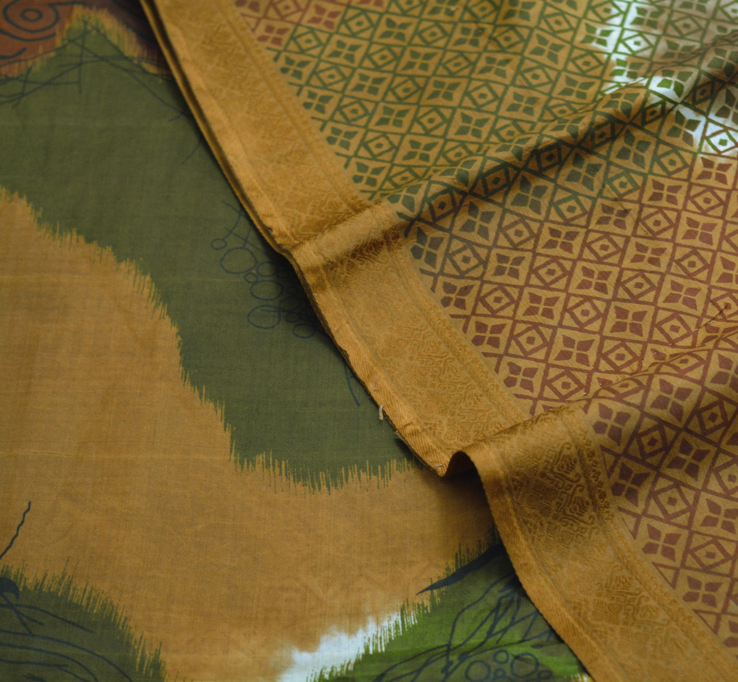 Indian Vintage Sari Green & Brown 100% Pure Silk Printed Saree Fabric 6yd Sewing Craft Fabric DressMaking Floral