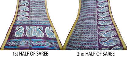 Indian Vintage Sari Purple Pure Silk Printed Saree Fabric 5yd Sewing Craft Fabric DressMaking Paisley