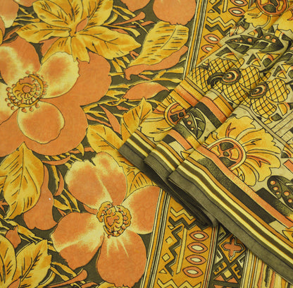 Indian Vintage Sari Green & Saffron 100% Pure Silk Printed Sarees Fabric 5yd Sewing Craft Fabric DressMaking Soft