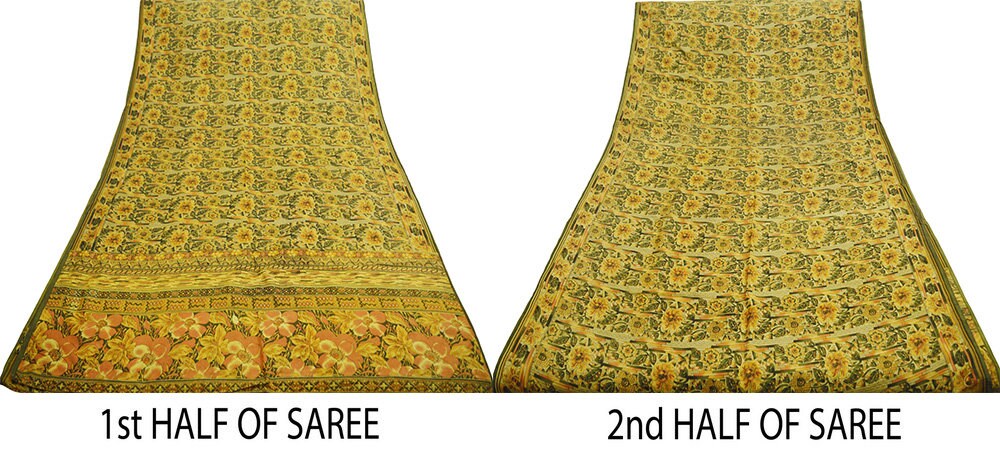 Indian Vintage Sari Green & Saffron 100% Pure Silk Printed Sarees Fabric 5yd Sewing Craft Fabric DressMaking Soft