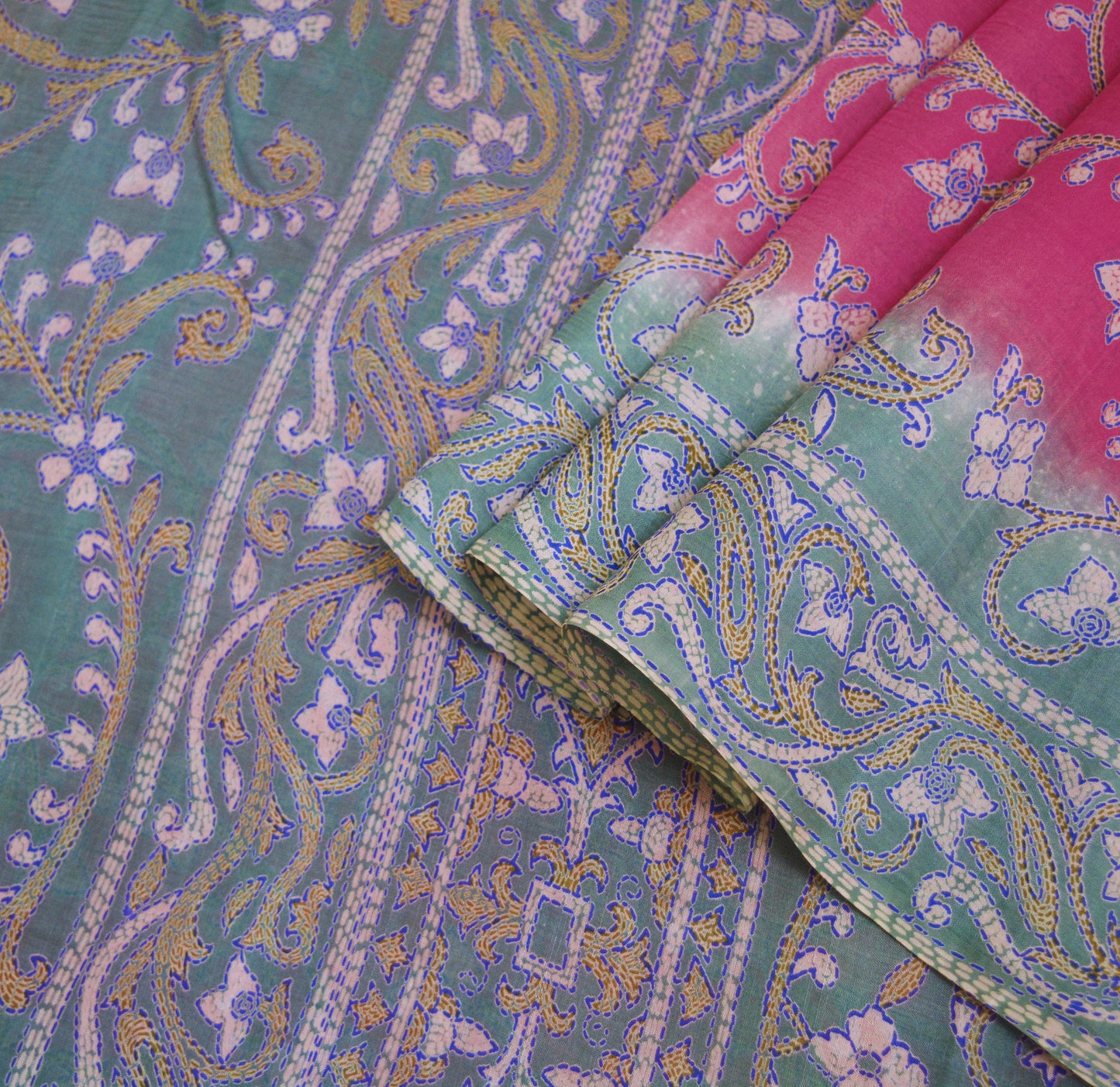 Indian Vintage Sari Gray & Pink 100% Pure Silk Printed Saree Fabric 5yard Sewing Craft DressMaking Floral