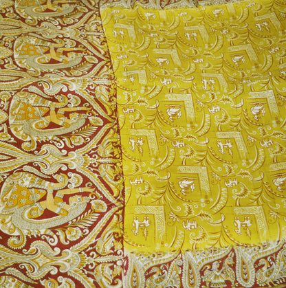 Indian Vintage Sari Maroon & Green Pure Silk Printed Saree Fabric 5yard Sewing Craft DressMaking