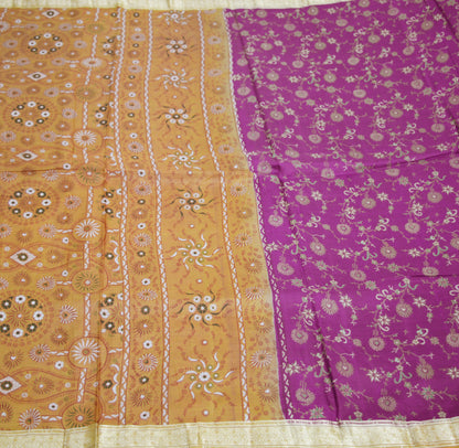 Indian Vintage Sari Purple & Saffron Pure Silk Printed Saree 5yard Sewing Quilting Craft Fabric DressMaking Soft Golden Zari