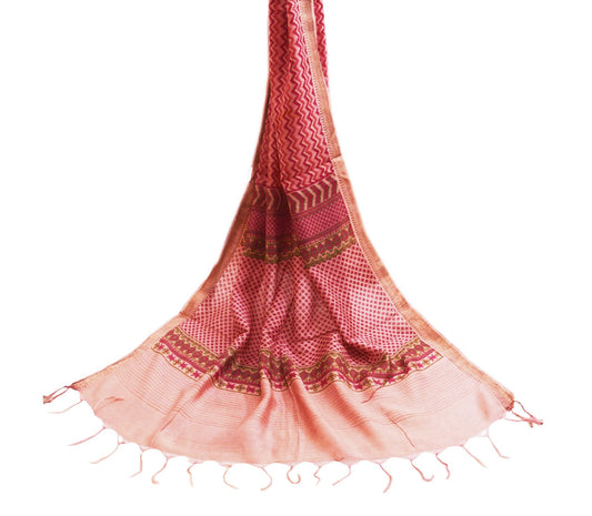 Indian Vintage Peach Dupatta Long Stole Hand Block Print Pure Chanderi Silk Indian Scarves Veil Golden Zari