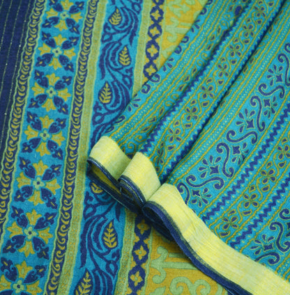 Vintage Blue Heavy Saree Pure Woolen Woven Printed Indian Sari Soft Warm Fabric 5Yard Floral Woven Border