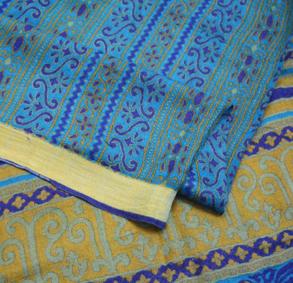 Vintage Blue Heavy Saree Pure Woolen Woven Printed Indian Sari Soft Warm Fabric 5Yard Floral Woven Border