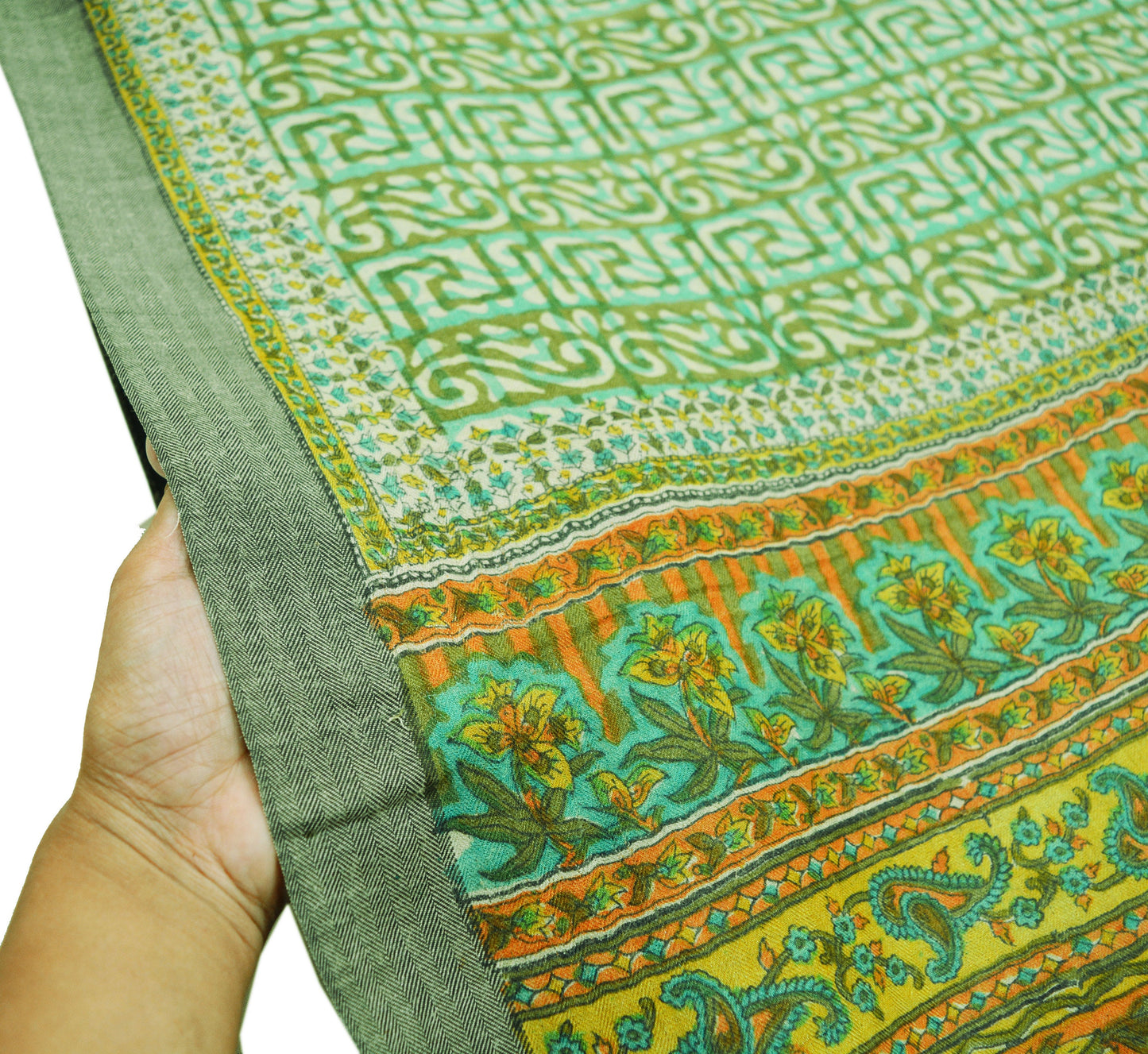 Vintage Green Heavy Saree Pure Woolen Woven Printed Indian Sari Soft Warm Fabric 5Yard Floral Woven Border