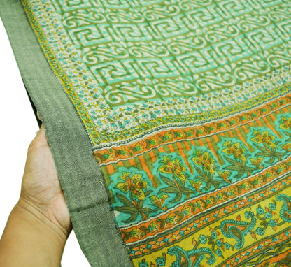 Vintage Green Heavy Saree Pure Woolen Woven Printed Indian Sari Soft Warm Fabric 5Yard Floral Woven Border