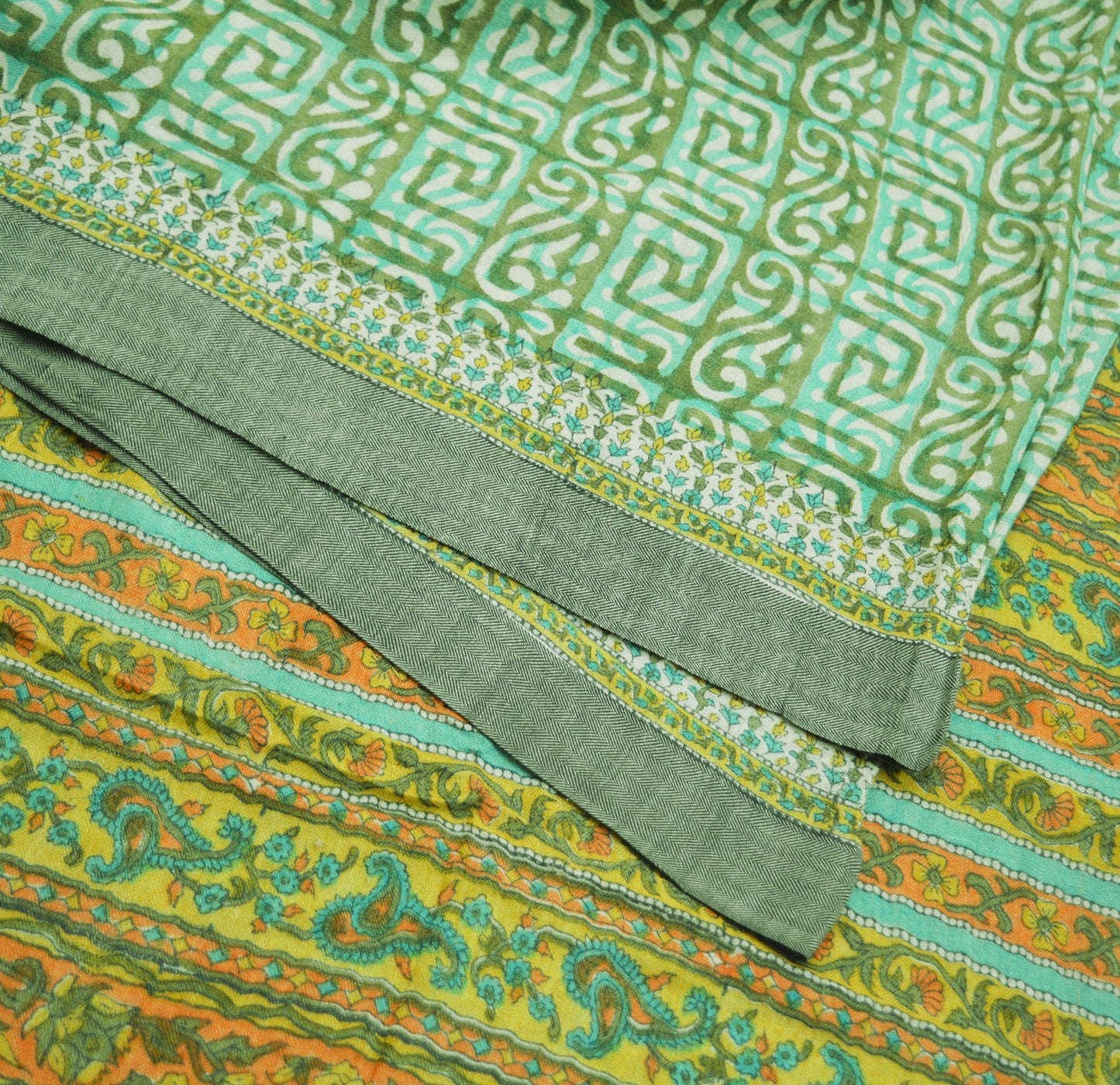 Vintage Green Heavy Saree Pure Woolen Woven Printed Indian Sari Soft Warm Fabric 5Yard Floral Woven Border