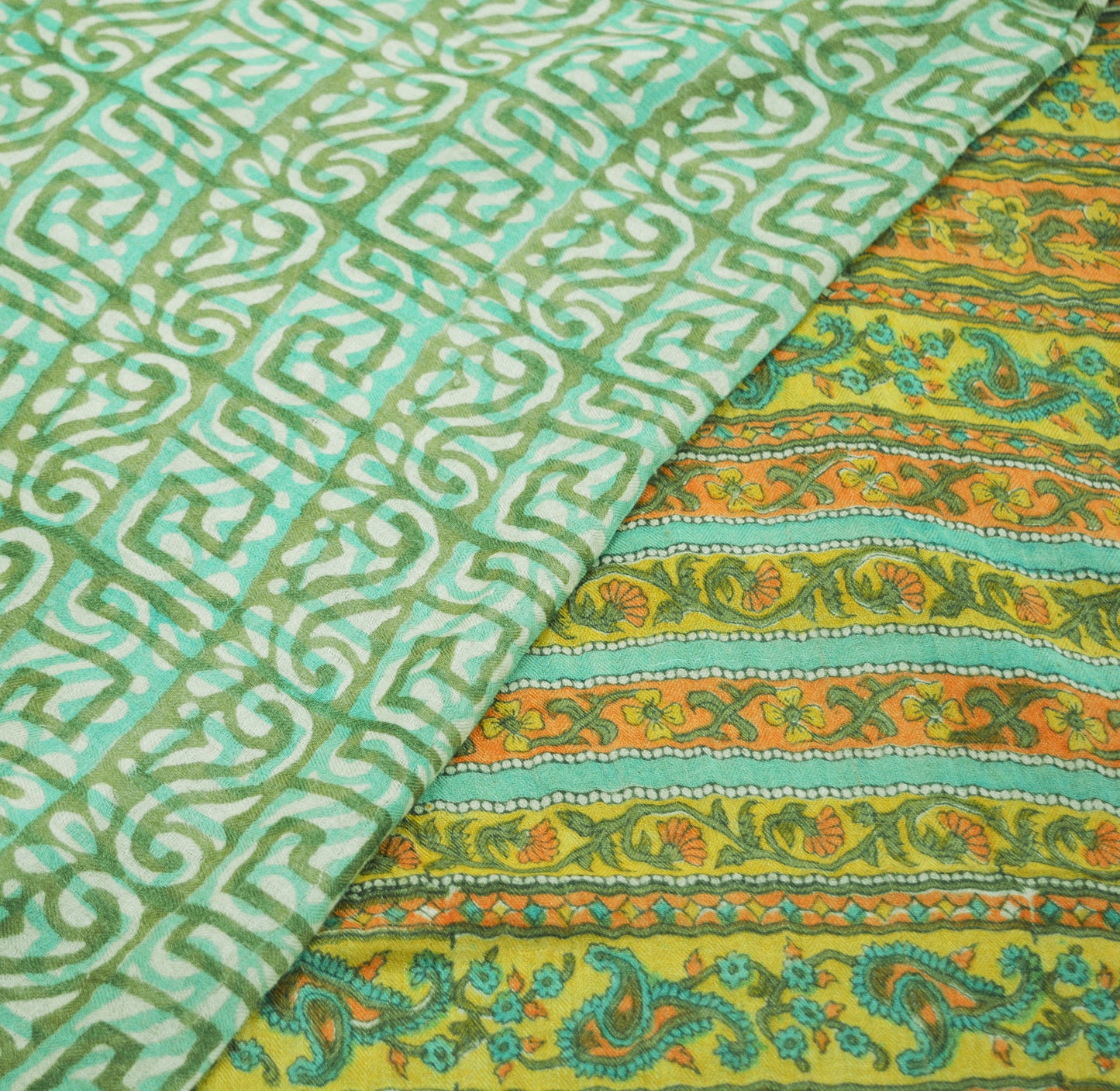 Vintage Green Heavy Saree Pure Woolen Woven Printed Indian Sari Soft Warm Fabric 5Yard Floral Woven Border