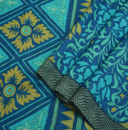 Vintage Blue Heavy Saree Pure Woolen Woven Printed Indian Sari Soft Warm Fabric 5Yard Floral Woven Border