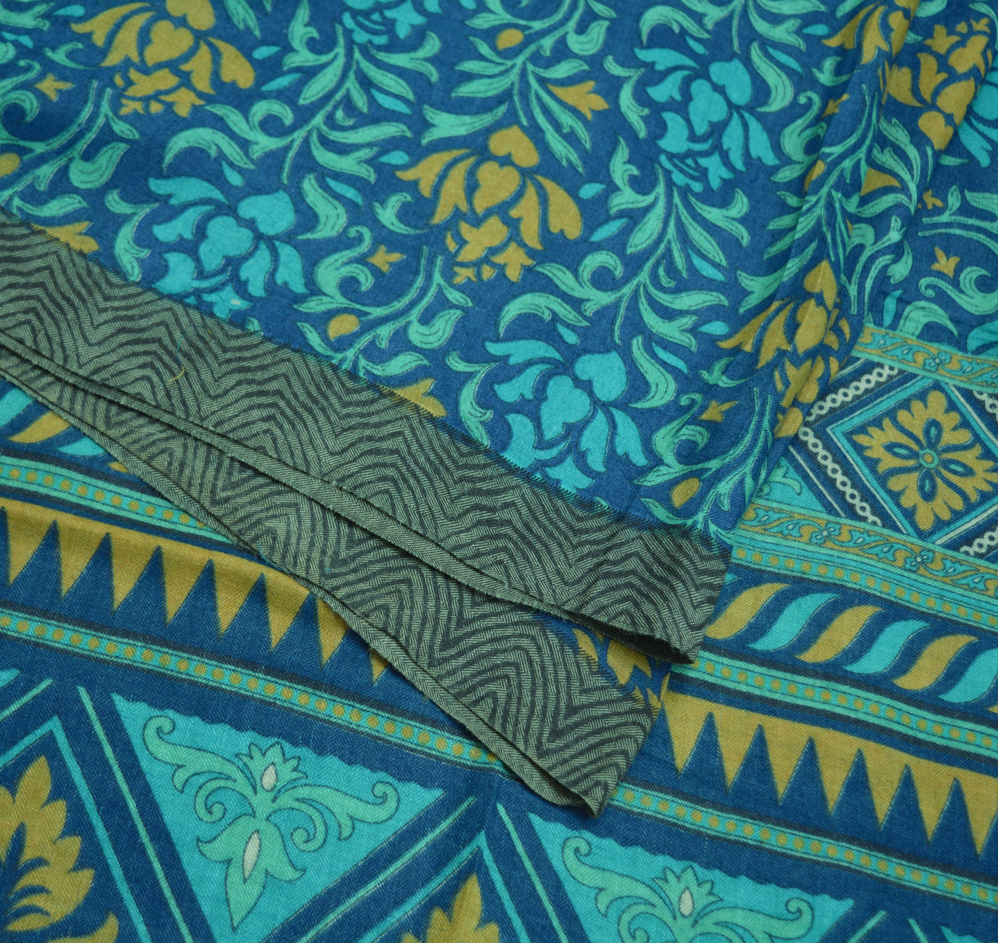 Vintage Blue Heavy Saree Pure Woolen Woven Printed Indian Sari Soft Warm Fabric 5Yard Floral Woven Border