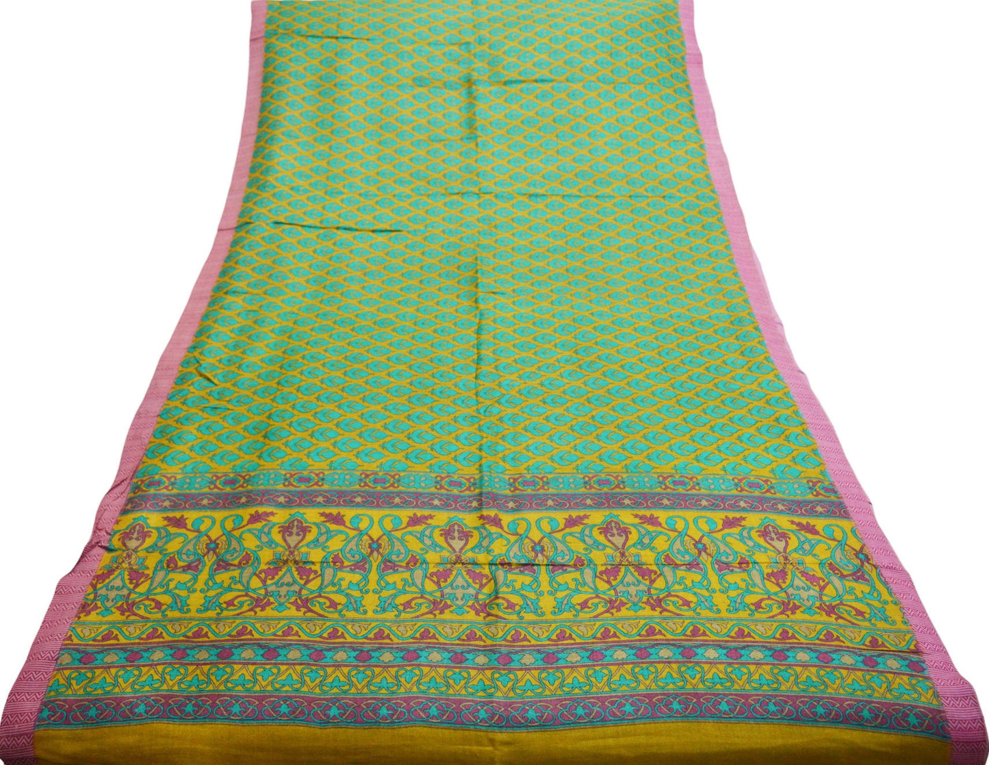 Vintage Green & Mustard Heavy Saree Pure Woolen Woven Printed Indian Sari Soft Warm Fabric 5Yard Floral Woven Border