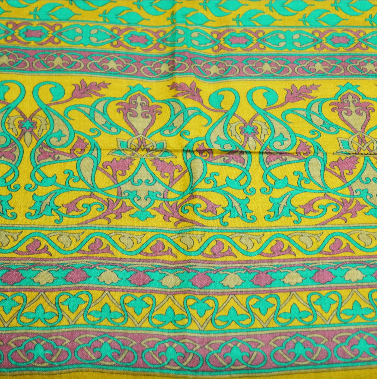 Vintage Green & Mustard Heavy Saree Pure Woolen Woven Printed Indian Sari Soft Warm Fabric 5Yard Floral Woven Border