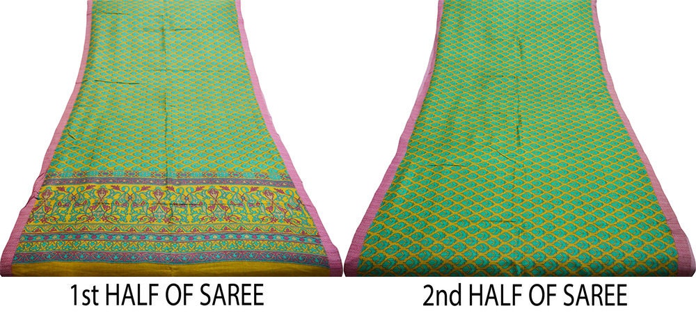 Vintage Green & Mustard Heavy Saree Pure Woolen Woven Printed Indian Sari Soft Warm Fabric 5Yard Floral Woven Border