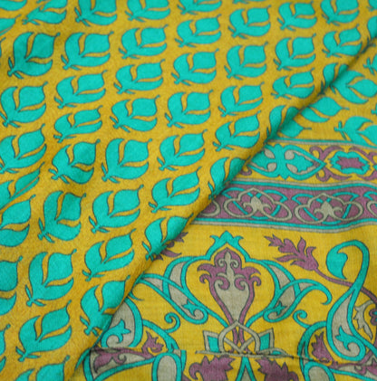 Vintage Green & Mustard Heavy Saree Pure Woolen Woven Printed Indian Sari Soft Warm Fabric 5Yard Floral Woven Border