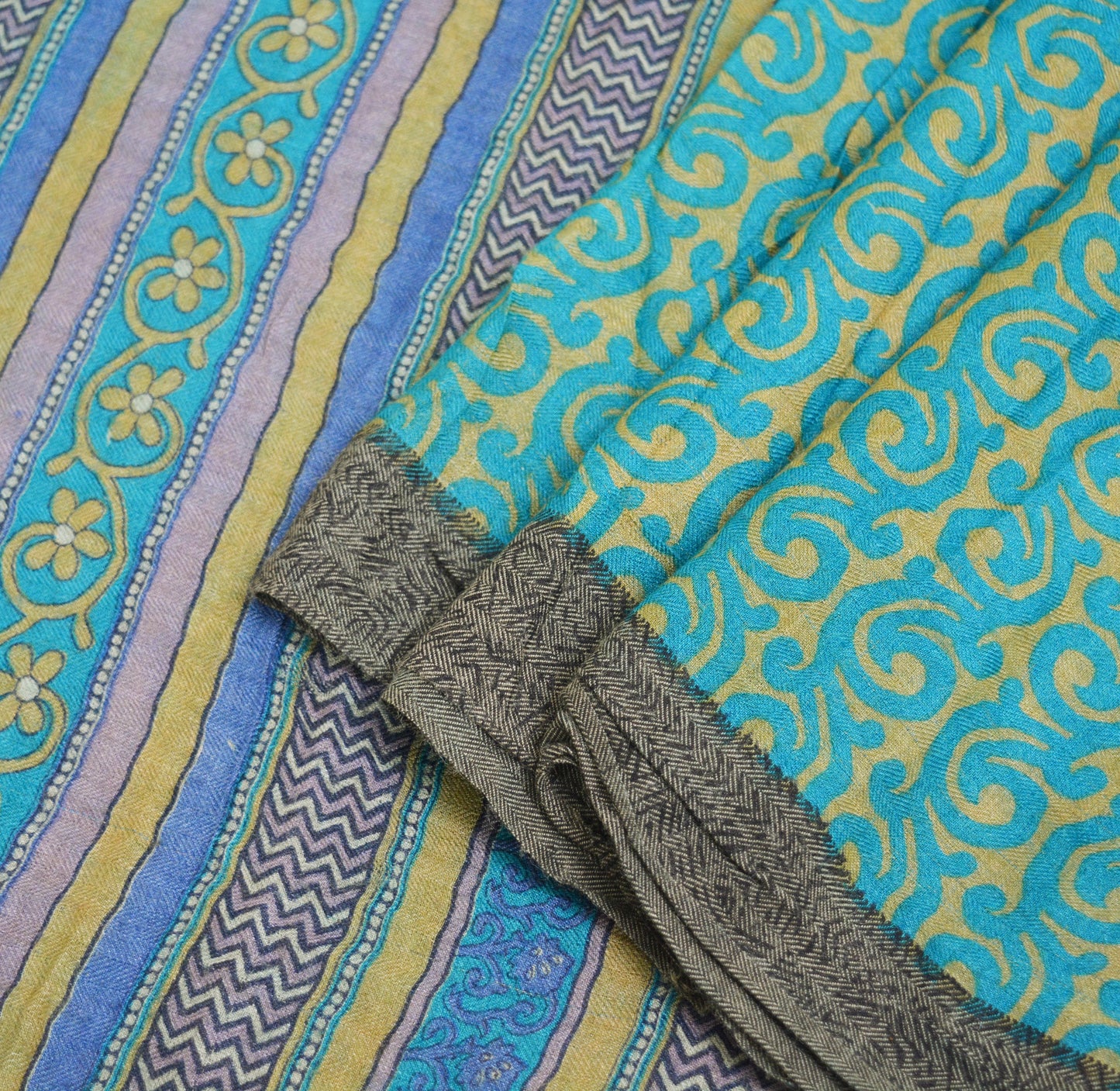 Vintage Blue & Green Heavy Saree Pure Woolen Woven Printed Indian Sari Soft Warm Fabric 5Yard Floral Woven Border