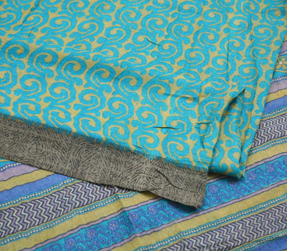 Vintage Blue & Green Heavy Saree Pure Woolen Woven Printed Indian Sari Soft Warm Fabric 5Yard Floral Woven Border