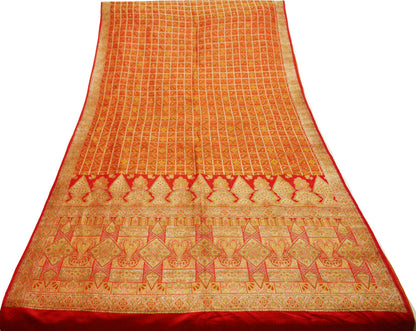 Indian Vintage Red Saree Pure Silk Hand Woven Gharchola Indian Sari Fabric 5Yd Sewing Soft Golden Zari