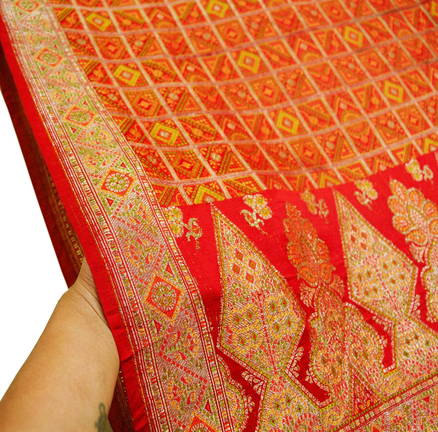 Indian Vintage Red Saree Pure Silk Hand Woven Gharchola Indian Sari Fabric 5Yd Sewing Soft Golden Zari