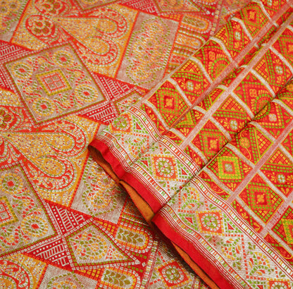 Indian Vintage Red Saree Pure Silk Hand Woven Gharchola Indian Sari Fabric 5Yd Sewing Soft Golden Zari