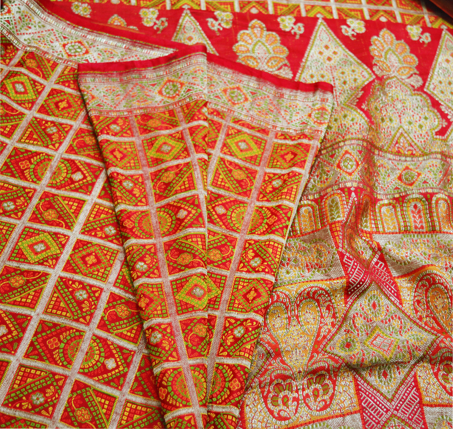 Indian Vintage Red Saree Pure Silk Hand Woven Gharchola Indian Sari Fabric 5Yd Sewing Soft Golden Zari