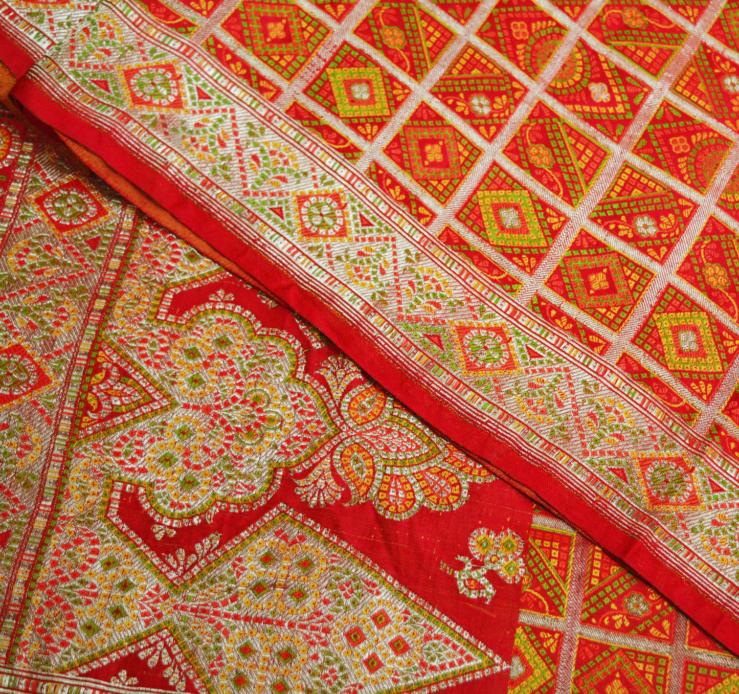 Indian Vintage Red Saree Pure Silk Hand Woven Gharchola Indian Sari Fabric 5Yd Sewing Soft Golden Zari