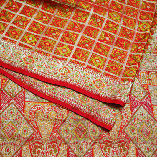 Indian Vintage Red Saree Pure Silk Hand Woven Gharchola Indian Sari Fabric 5Yd Sewing Soft Golden Zari